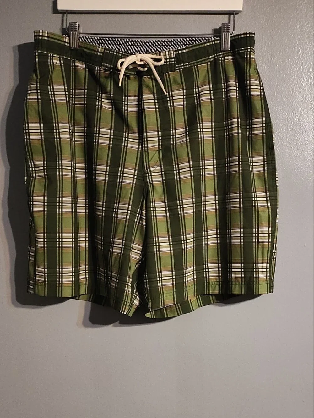 Roundtree & Yorke Olive and White Plaid Swim Shorts